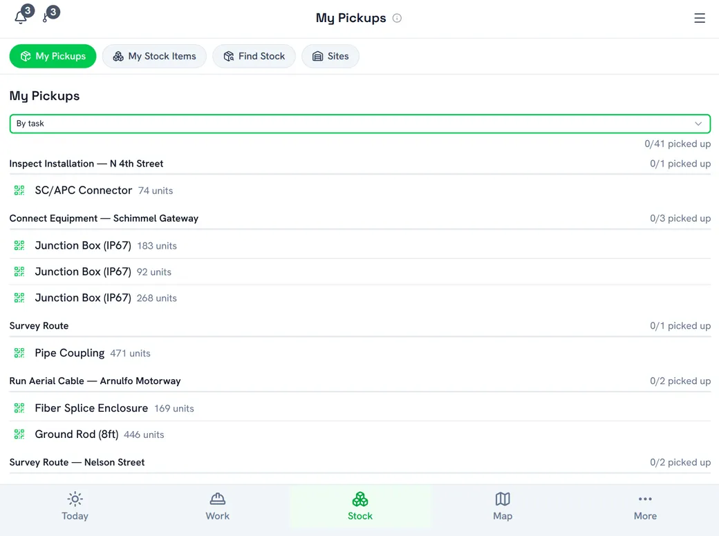 The mobile app in the field — assigned work and stock to collect, grouped by task
