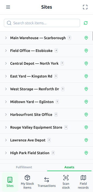 Aptli mobile PWA on a field worker's device showing assignments, map view, and QR pickup scanner